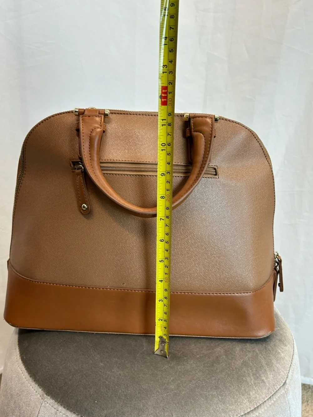 JustFab Camel brown faux leather satchel handbag tote dome shape gold-tone
